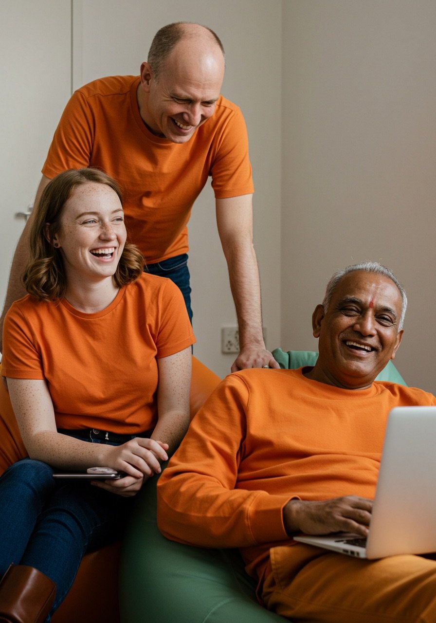 3 people smilling, wearing a plain orange jumper and t-shirt. One person is on their laptop, on beans bag
