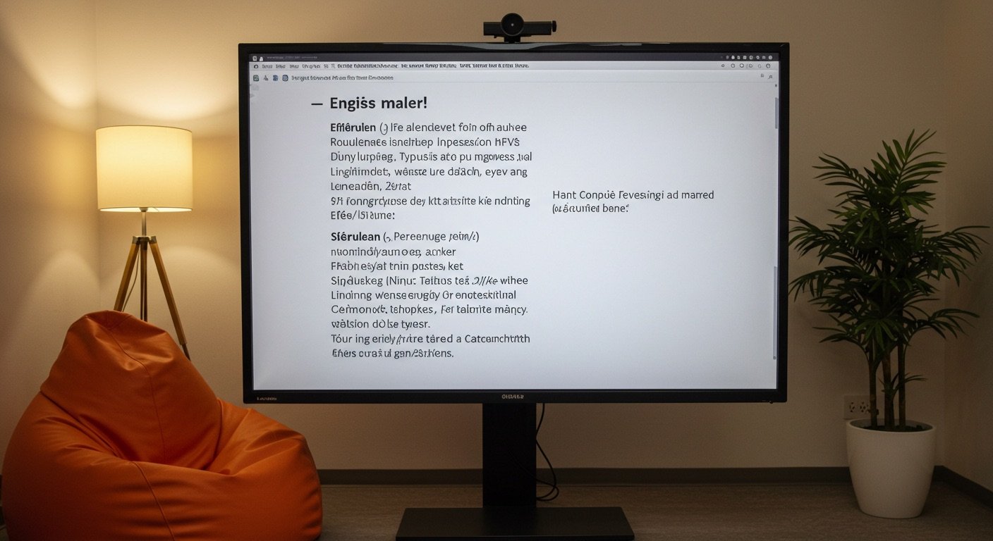 A large screen showcasing a english paragraph and a translated into french, with organge bean bag and plant in the background