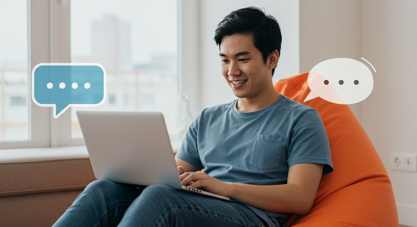 A smiling customer  interacting with customer support via laptop, sitting on an orange bean bag with a chat buble next to it