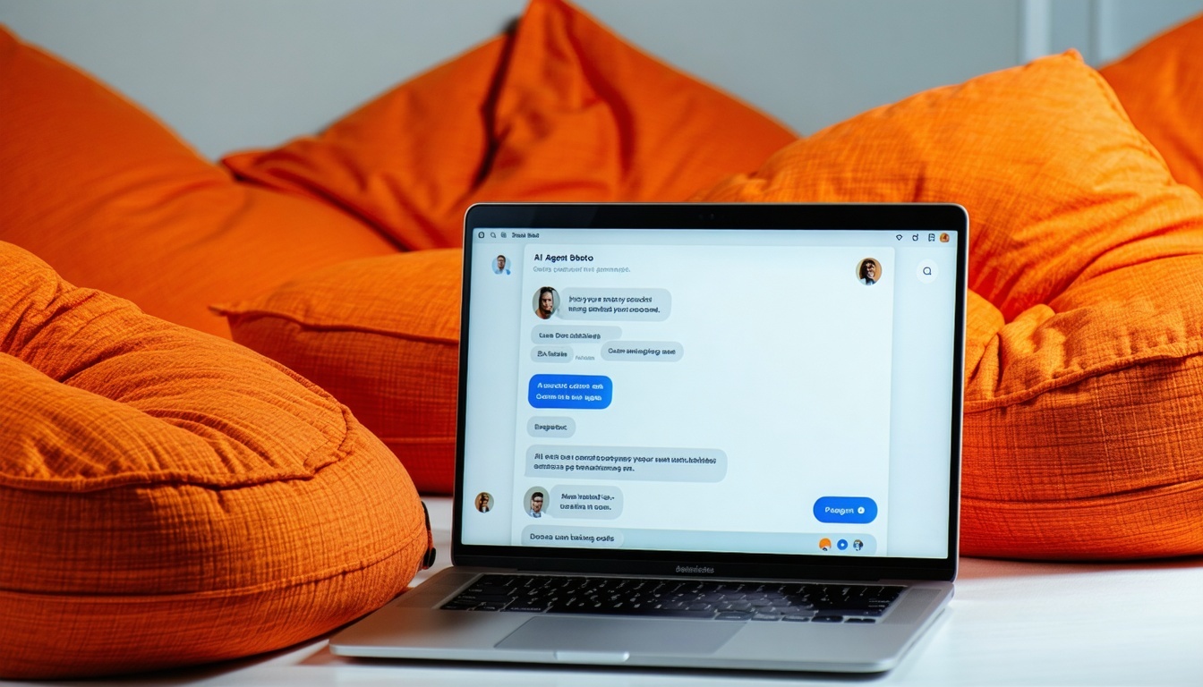 Laptop showing an AI Agent chatbot in the background are orange bean bags
