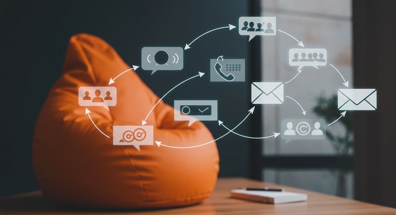 Customer experience diagram with floating visuals of messaging, telephony, and email, illustrating a customer journey engaging with an organisation, with an orange bean bag behind