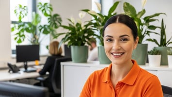 Customer support agent smiling in a modern office with indoor plants