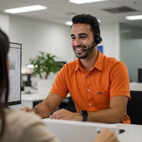 Happy customer support professional in finance, wearing an orange top, leveraging data to improve customer experience, with a plant behind him
