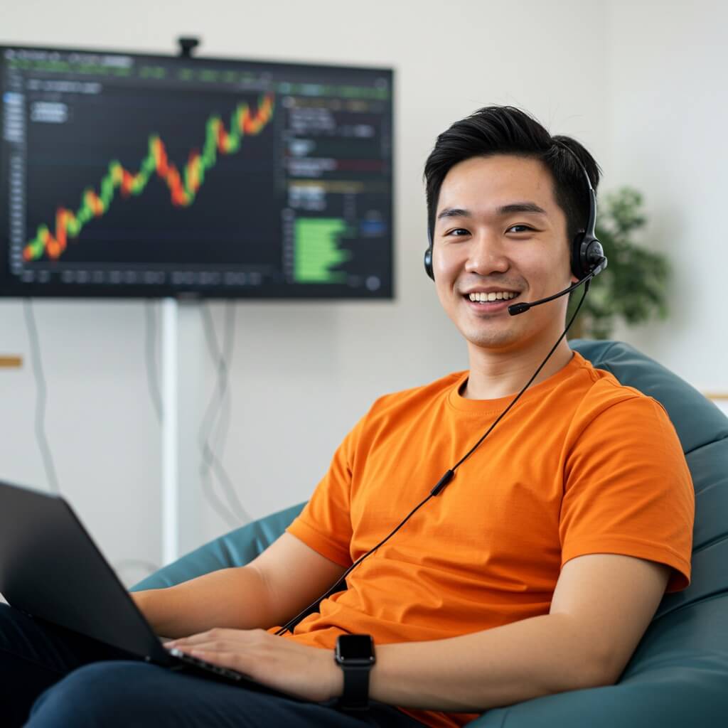Happy customer support professional in the finance industry, wearing an orange top and headset, with a bean bag and screen behind him