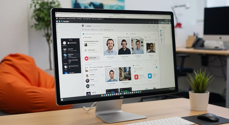 Large screen showing Zendesk interface, with a plant and orange bean bag in a modern office setup behind it