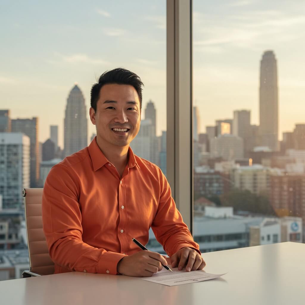 Smiling Asian man wearing an orange top, with visuals representing lawyers and the legal industry behind him