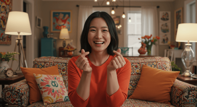 Smiling customer forming a love sign with hands in a cozy living room