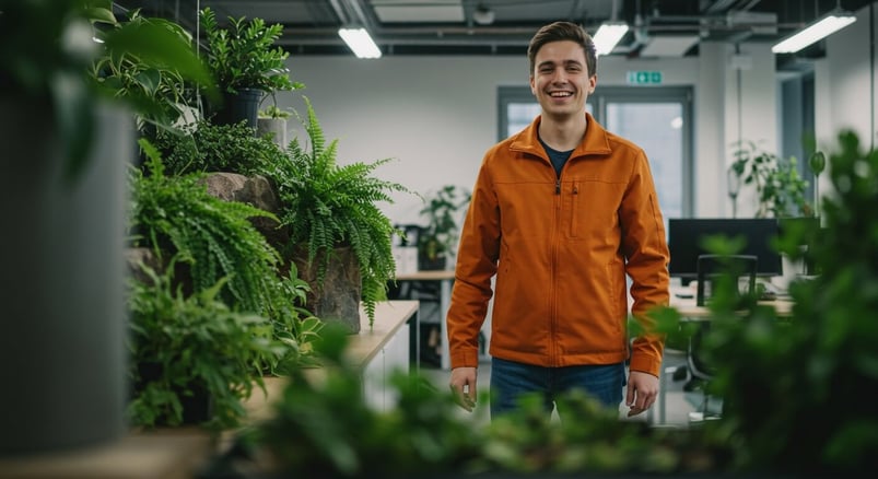 Smiling man working in information technology, posing indoors with a plant in the background