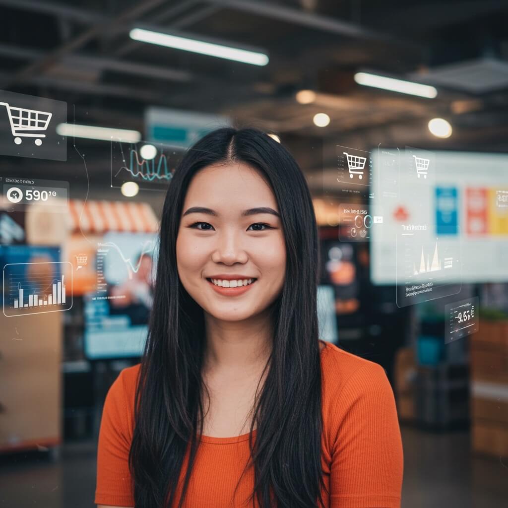 Smiling woman wearing an orange top, with visuals representing the e-commerce and retail industry behind her