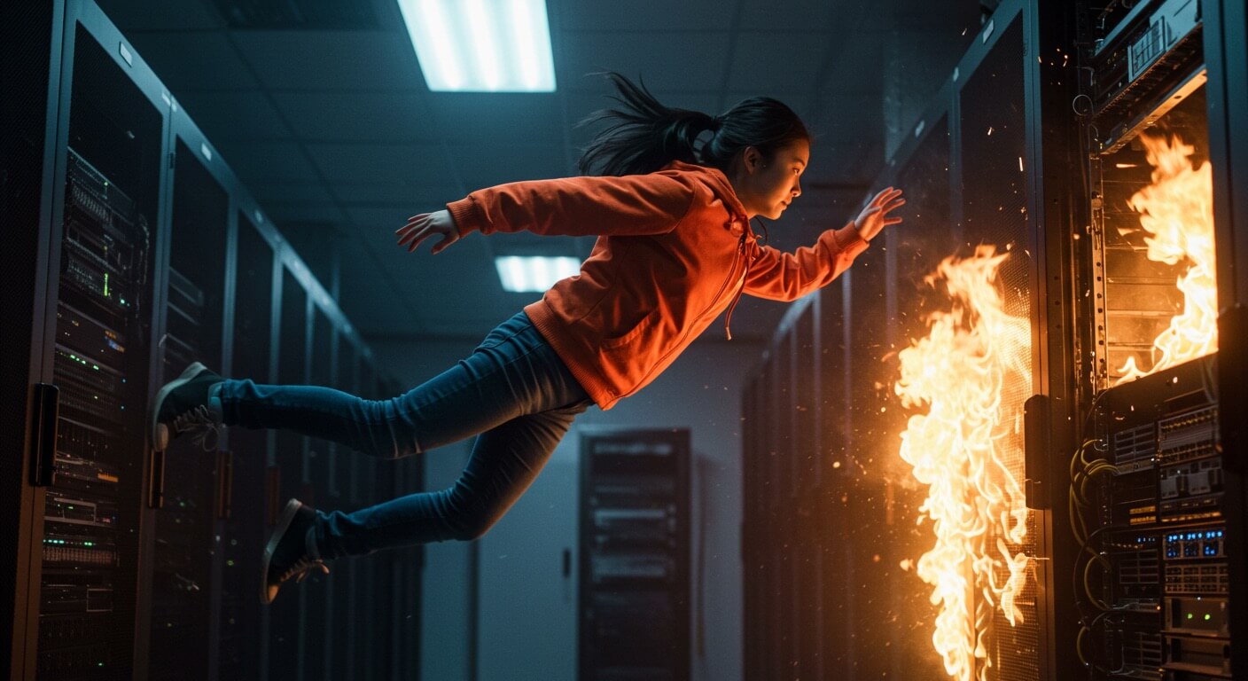 Woman navigating through fire as a metaphor for managing a critical IT incident under pressure