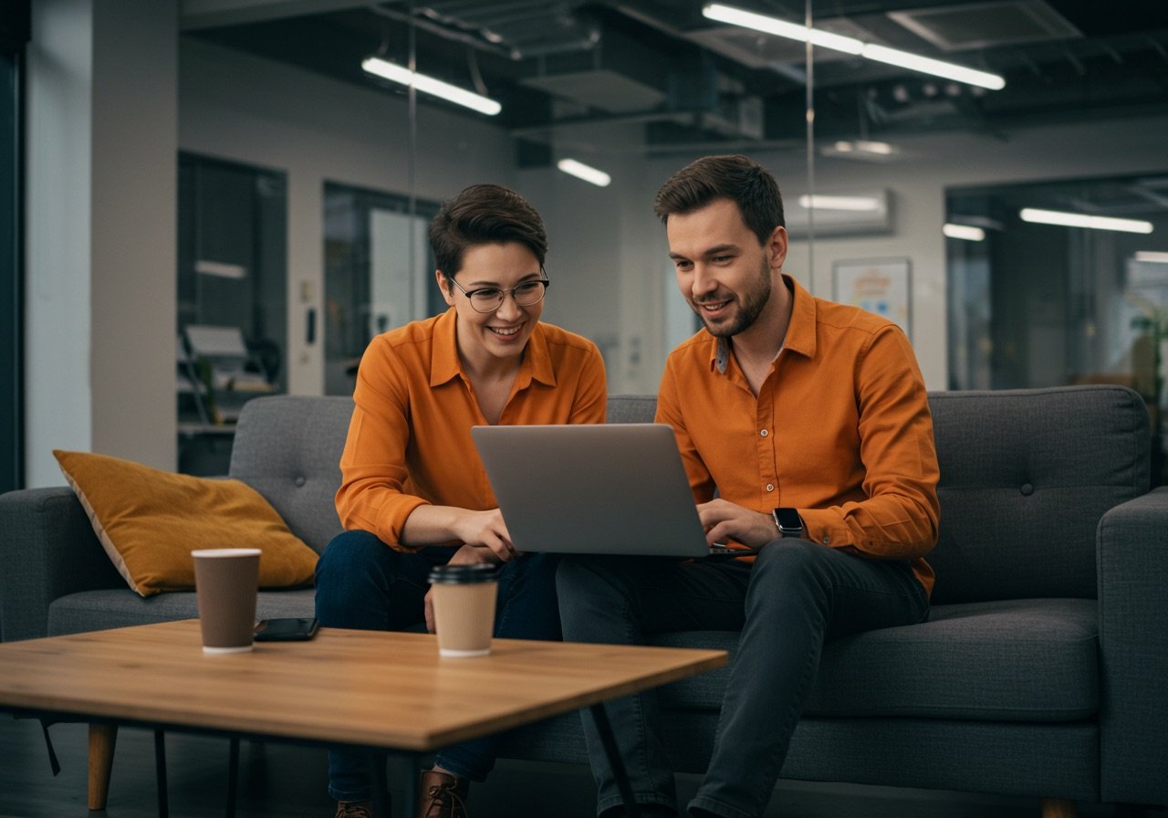 Smiling manager and team member looking at a laptop, sitting on an office couch wearing an orange top. Startup, innovative and friendly vide, a design coffee table is at the front, cinematic