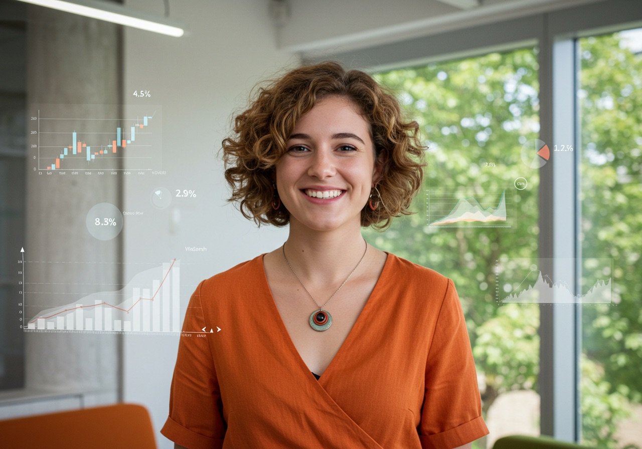Smiling women with an orange top, with some chart and measurement floating in front of her in a modern office with tree in the background Smiling women with an orange top, with some chart and measurement floating in front of her in a modern office with tree in the background