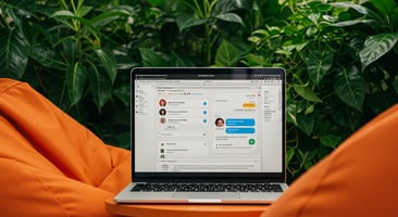 The image features a sleek, modern digital interface displaying Zendesk's messaging app on a laptop screen. Make plant background and orange bean bag