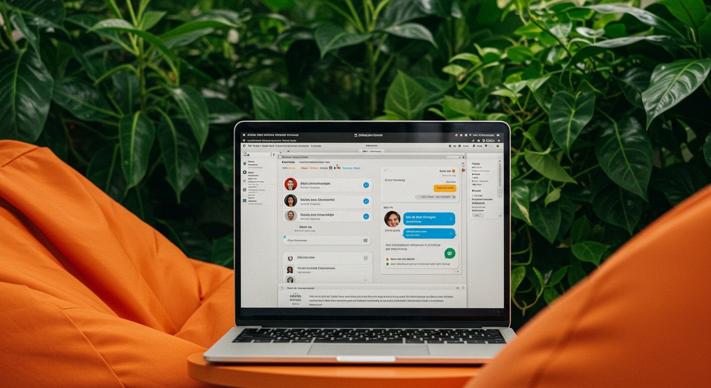 The image features a sleek, modern digital interface displaying Zendesks messaging app on a laptop screen. Make plant background and orange bean bag