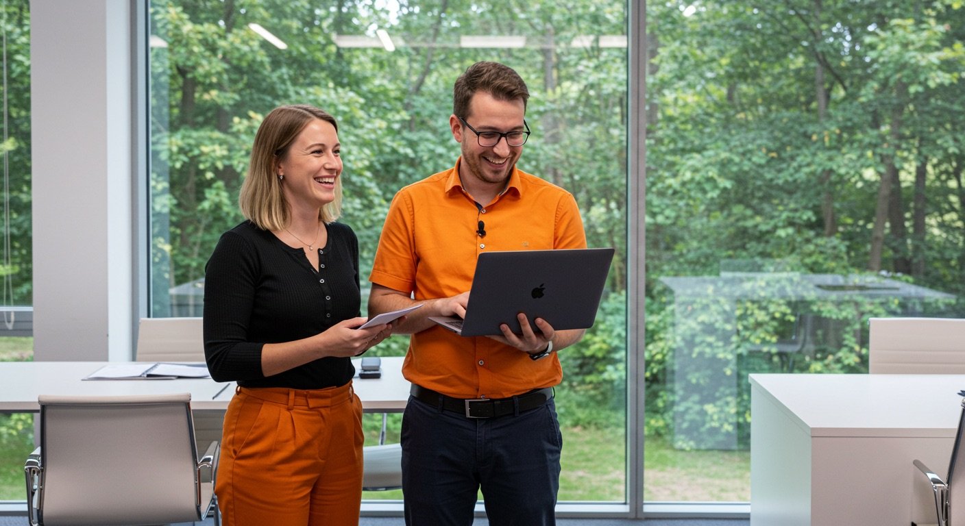 a smiling women and a man one wearing an orange pant and another an orange top, smiling  holding both holding a laptop. In a modern office with forest behind the window