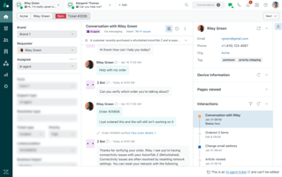 Zendesk ticket screenshot showing an AI agent chatting with a customer and customer details on the right