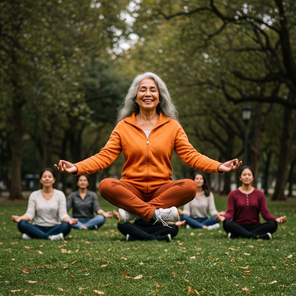 an elderly woman wearing an orange jacket, levitating above the group in a zen pose smiling