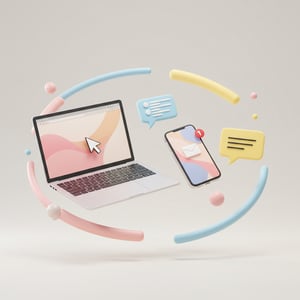 floating laptop, phone, and message bubble in a circle