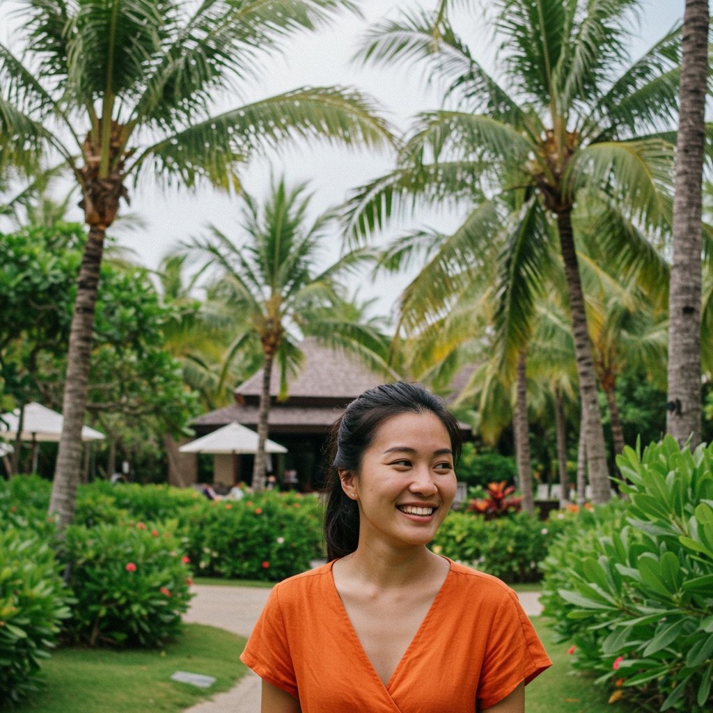 smiling asian woman wearing an organge top with a background representing the Travel & Hospitality industry