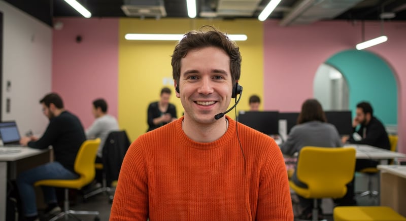smiling man wearing an orange jumper, with a headset, in the background a colourful co-working space landscape