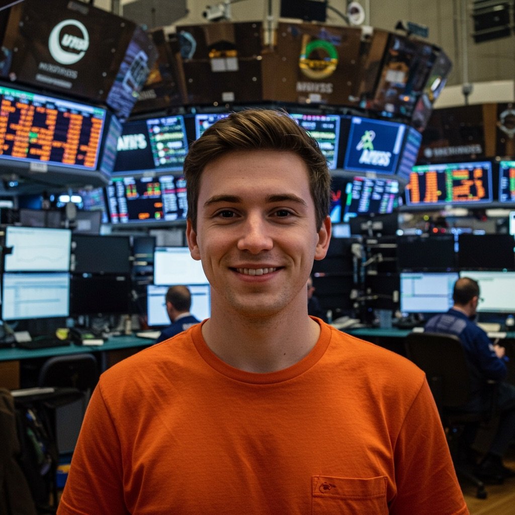 smiling man wearing an organge top with a background representing the Finance industry
