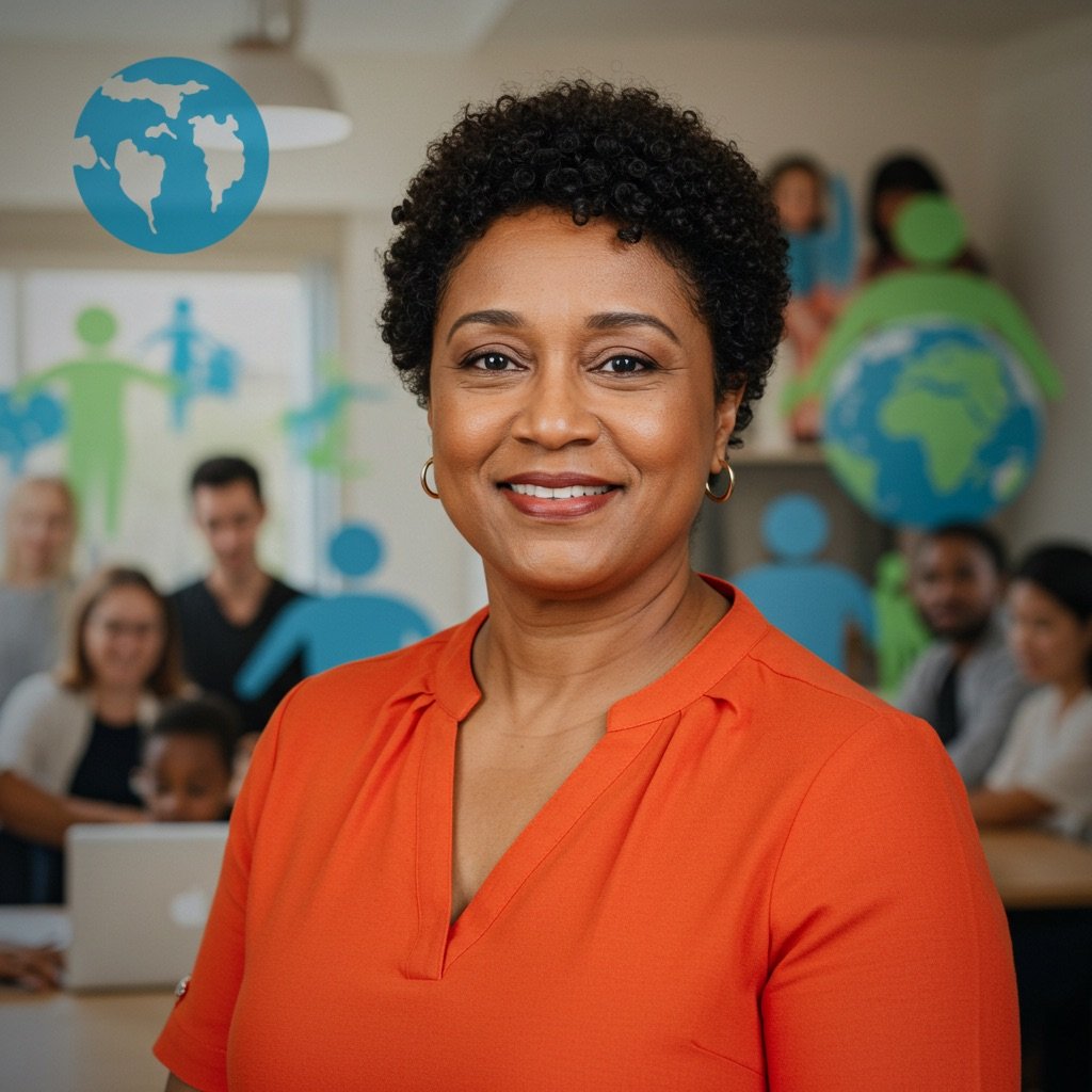 smiling middle-age brown woman wearing an organge top with a background representing the Not-for-profit industry