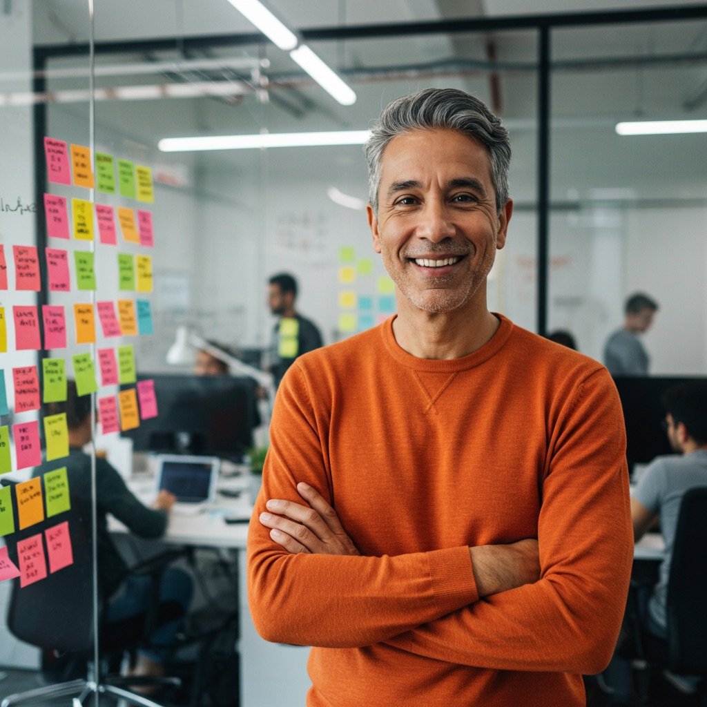 smiling middle-age man wearing an organge top with a background representing the Startup & SaaS industry