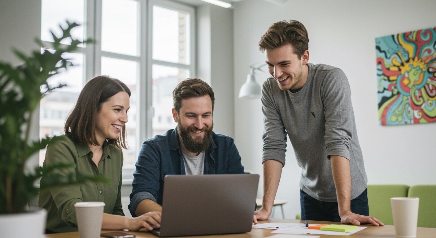 smiling tech startup team 3 people with laptop in a mordern office with plant and art