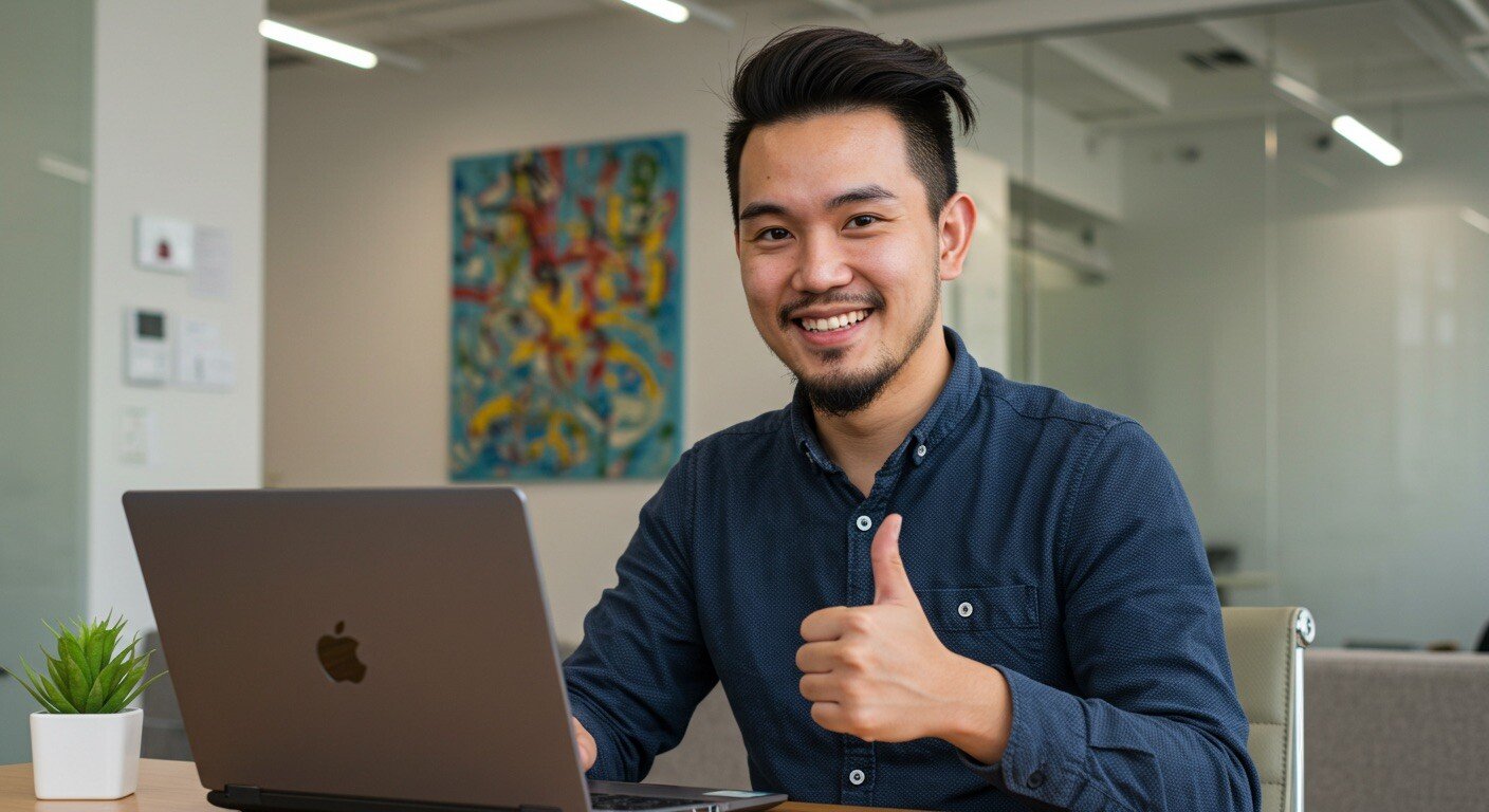 smiling young tech entrepreneur , looking ready to help in front of a laptop with a thumbs up in a morden office with plant and art