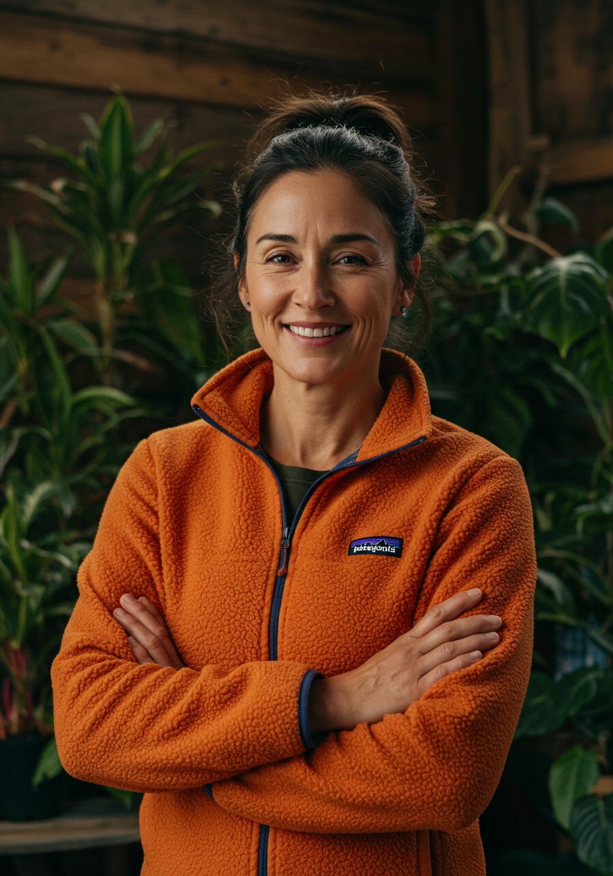 A smiling woman with plant in the background crossing arms - cinematic wearing an organge patagonia jacket