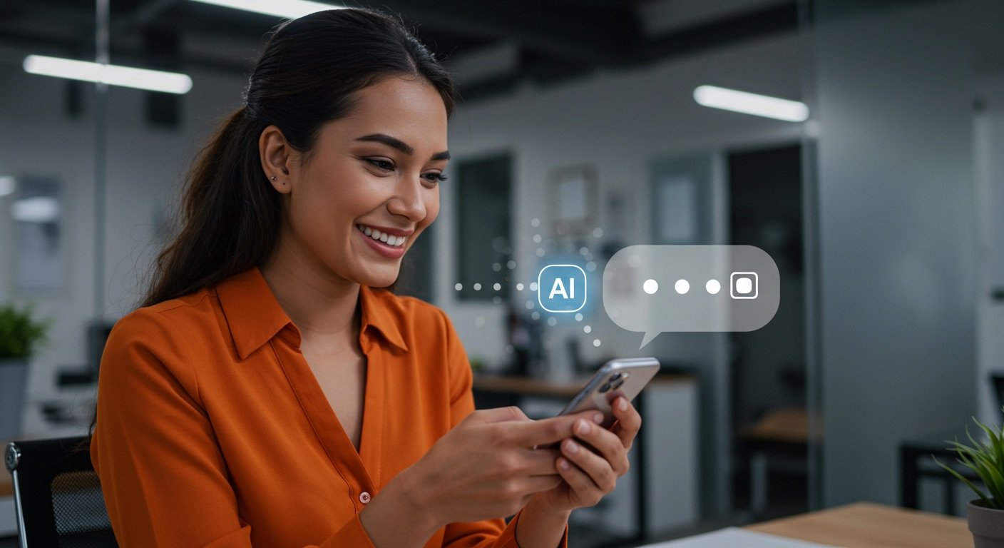 she is searching on her phone and a buble with a AI response apear. The woman is wearing an orange top and is in a modern office