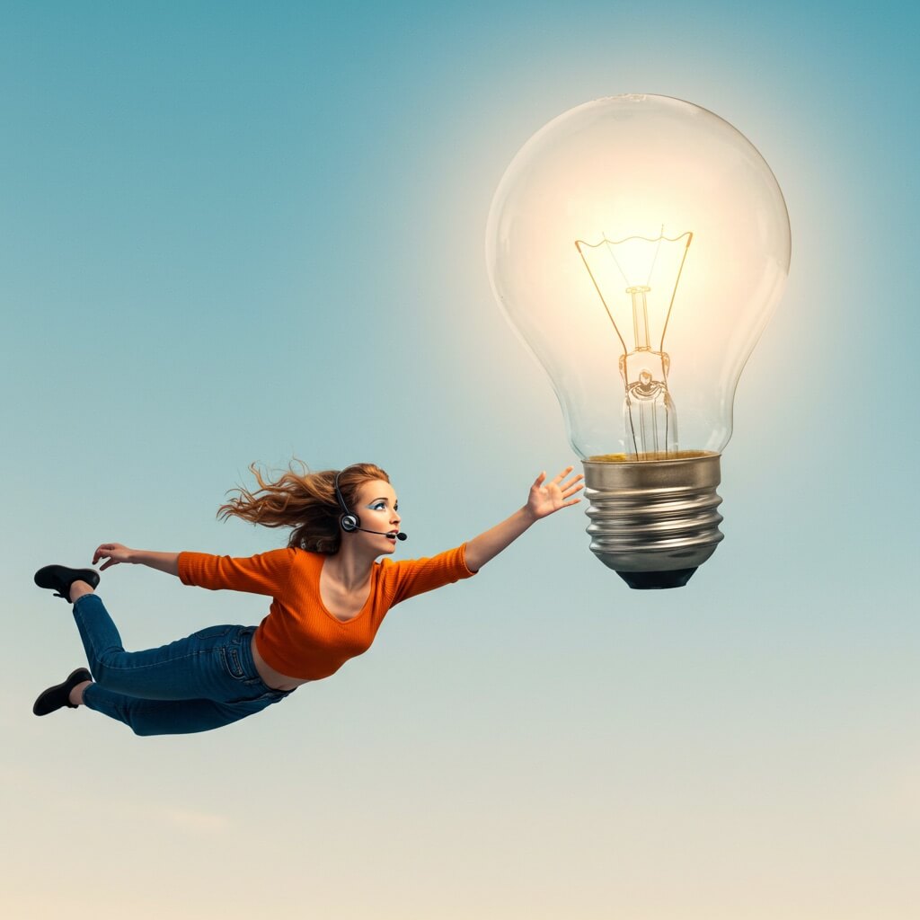 A woman wearing an orange top appears to fly toward a bright light bulb, representing creativity or inspiration