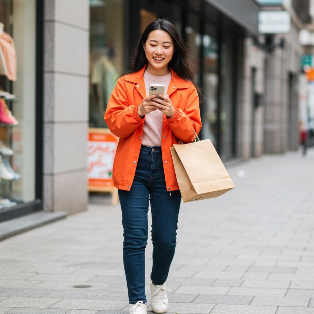 Happy Asian woman wearing an orange jacket, using her smartphone for online shopping while walking outdoors