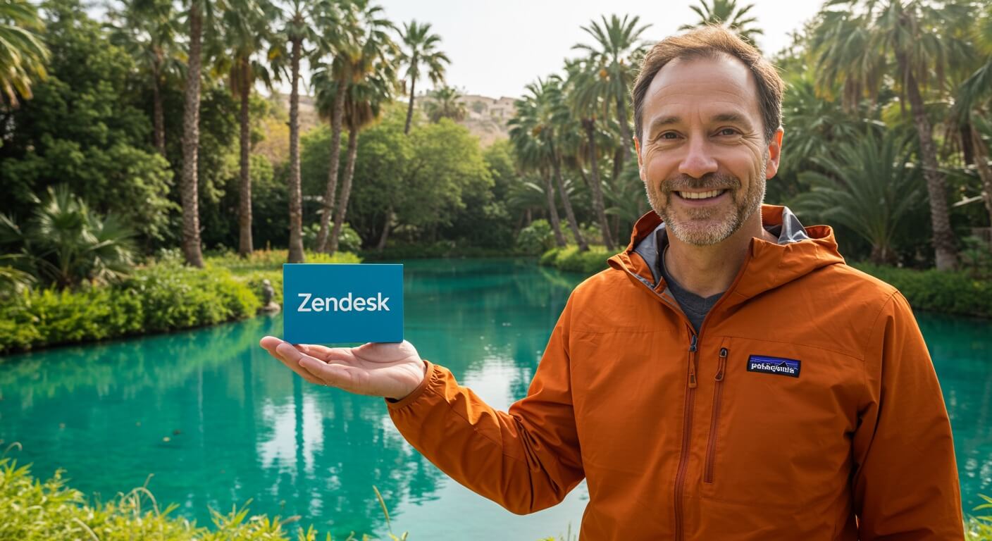 Happy Zendesk representative standing near a serene water oasis, smiling