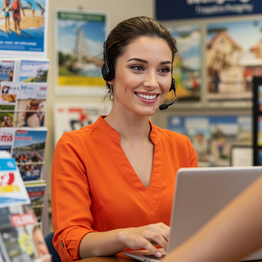 Happy customer support professional in the travel industry, wearing an orange top