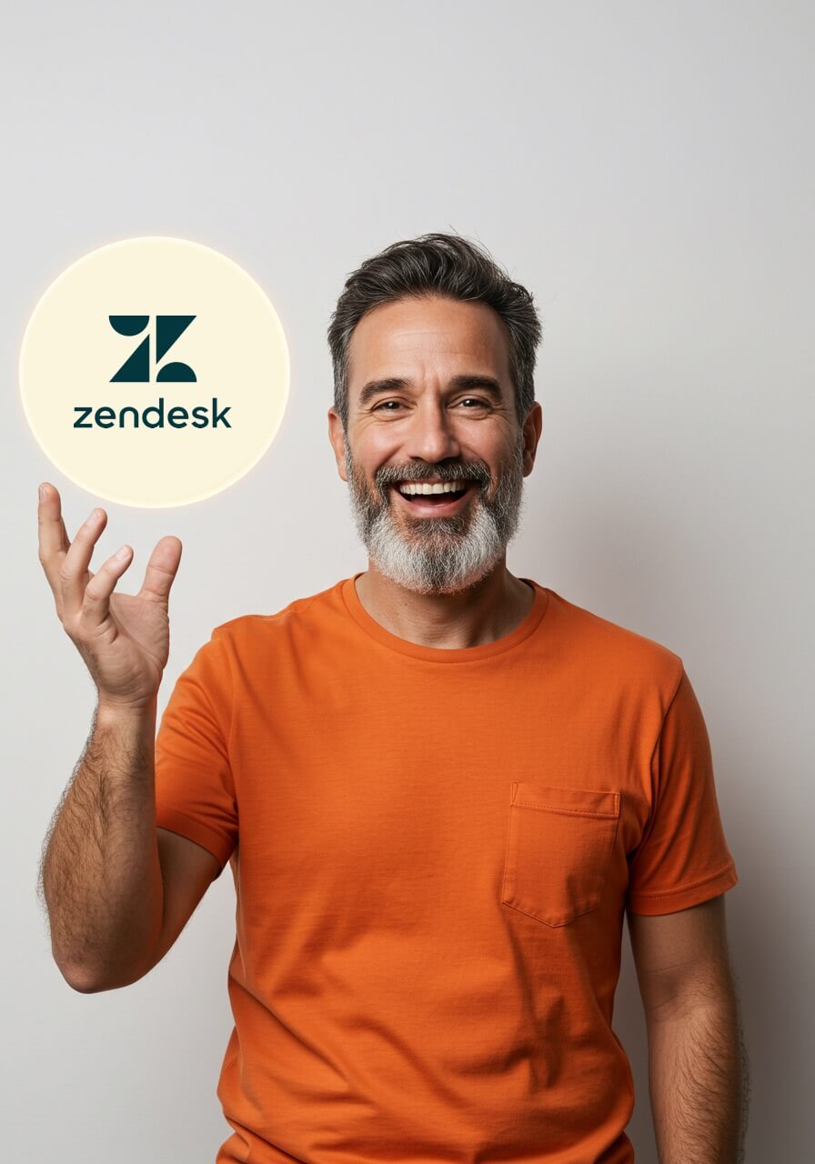 Happy man wearing an orange t-shirt, holding a floating Zendesk logo, representing customer support and software