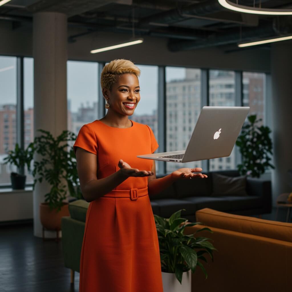 Happy professional woman wearing an orange dress, with a laptop floating in the air, and a plant in a modern office