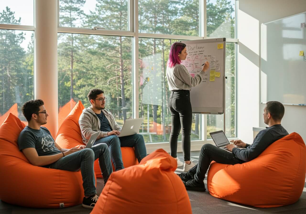 Happy small startup team sitting on an orange bean bag while a colleague writes on a whiteboard, modern office with forest visible through the windows