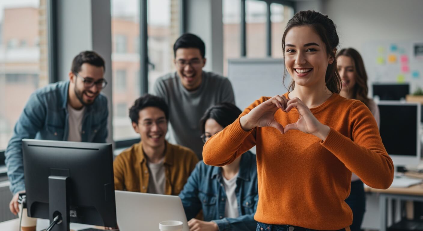 Happy woman forming a heart with her hands, representing teamwork and positivity