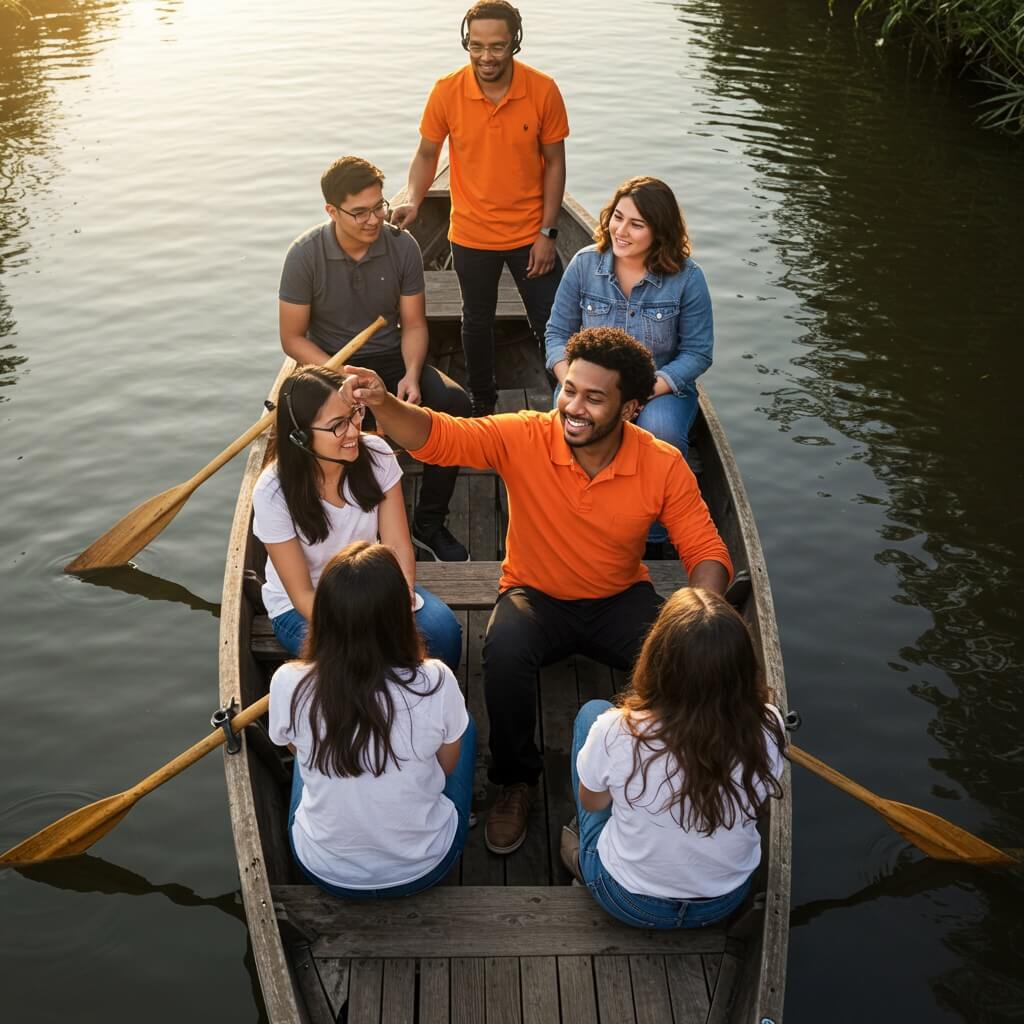 Leader in a boat guiding a team of customer support professionals