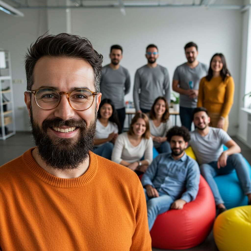 Middle-aged man wearing an orange jumper, modern glasses, and a beard, smiling with his team on bean bags in the background