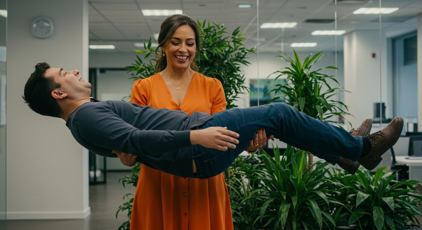 Professional woman wearing an orange dress smiling while supporting a levitating customer, office setting with a plant in the background