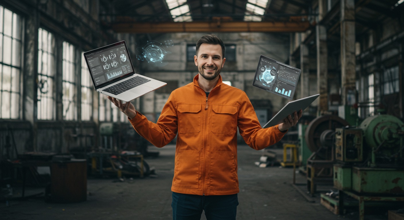 Smiling IT professional working on a laptop in a factory environment