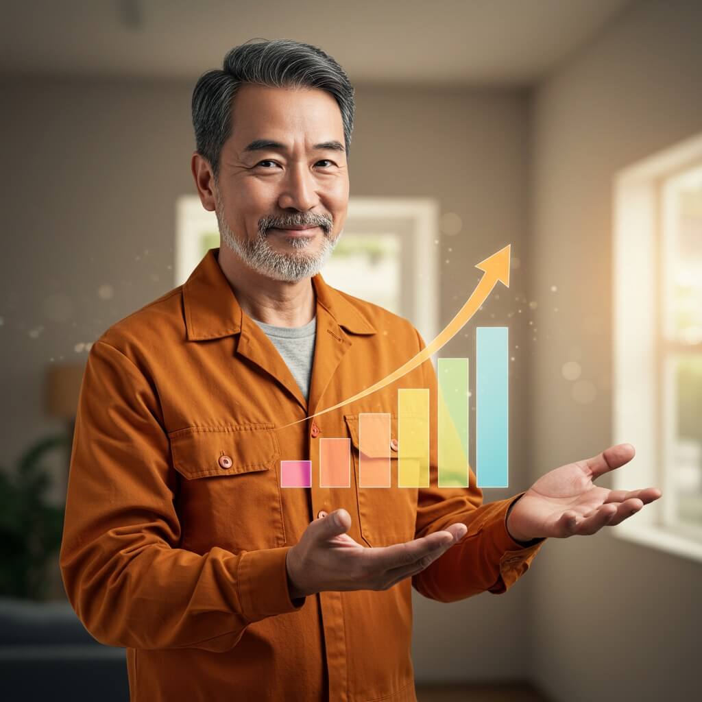Smiling middle-aged man wearing an orange jumper, presenting a floating chart showing business growth
