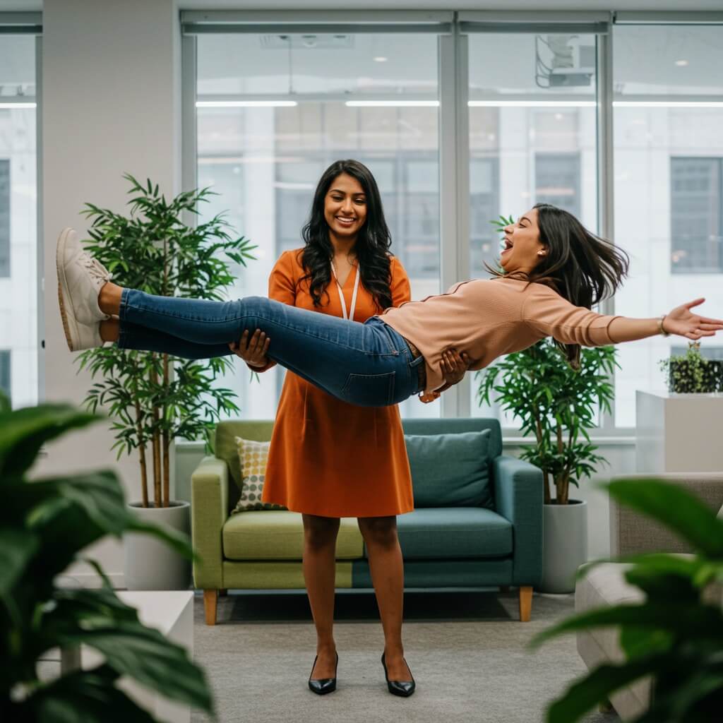 a smiling professional woman wearing an organge dress, supporting a customer levitating in the air. With plant in the background office