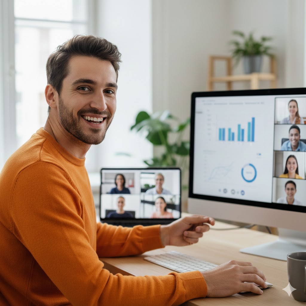 Smiling young working man, running a remote presentation on video conference, wearing an orange top, photo realistic