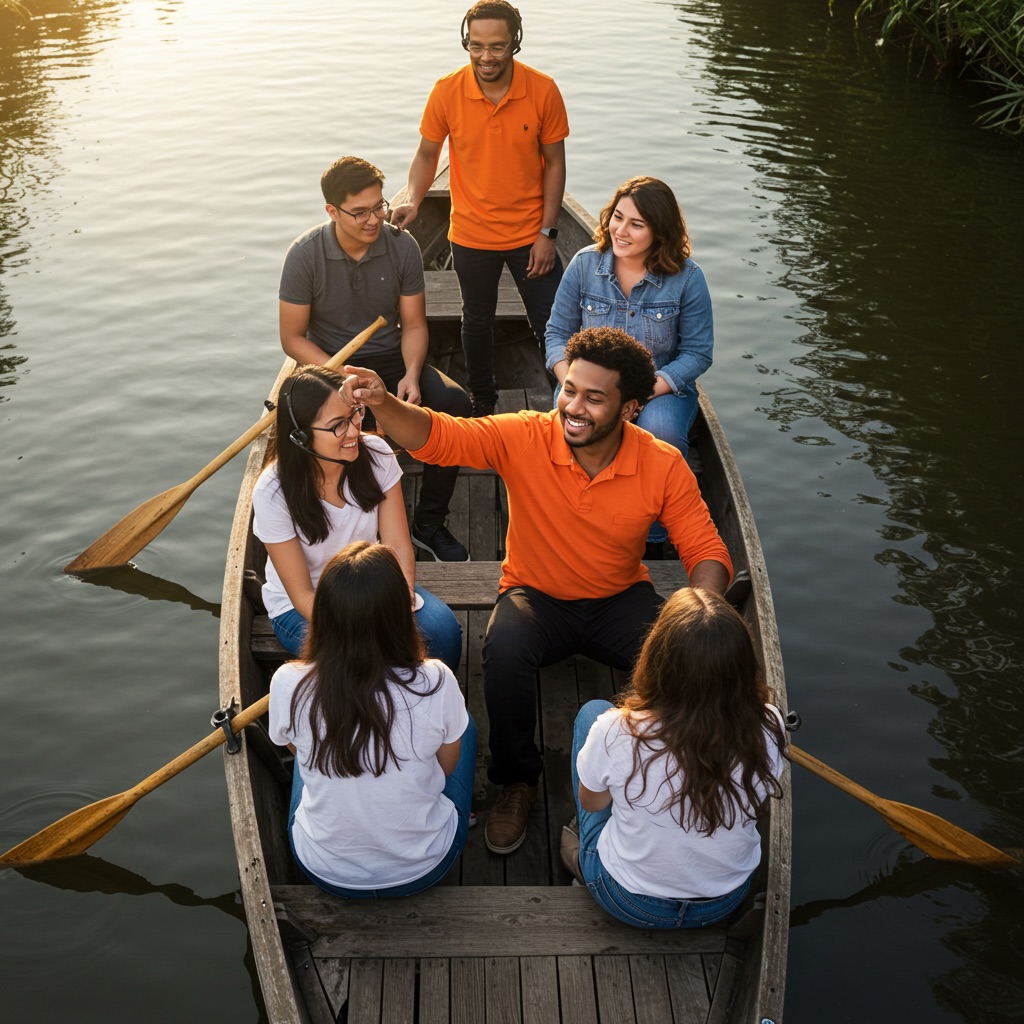 a man in a boat,leading a team of customer support team member