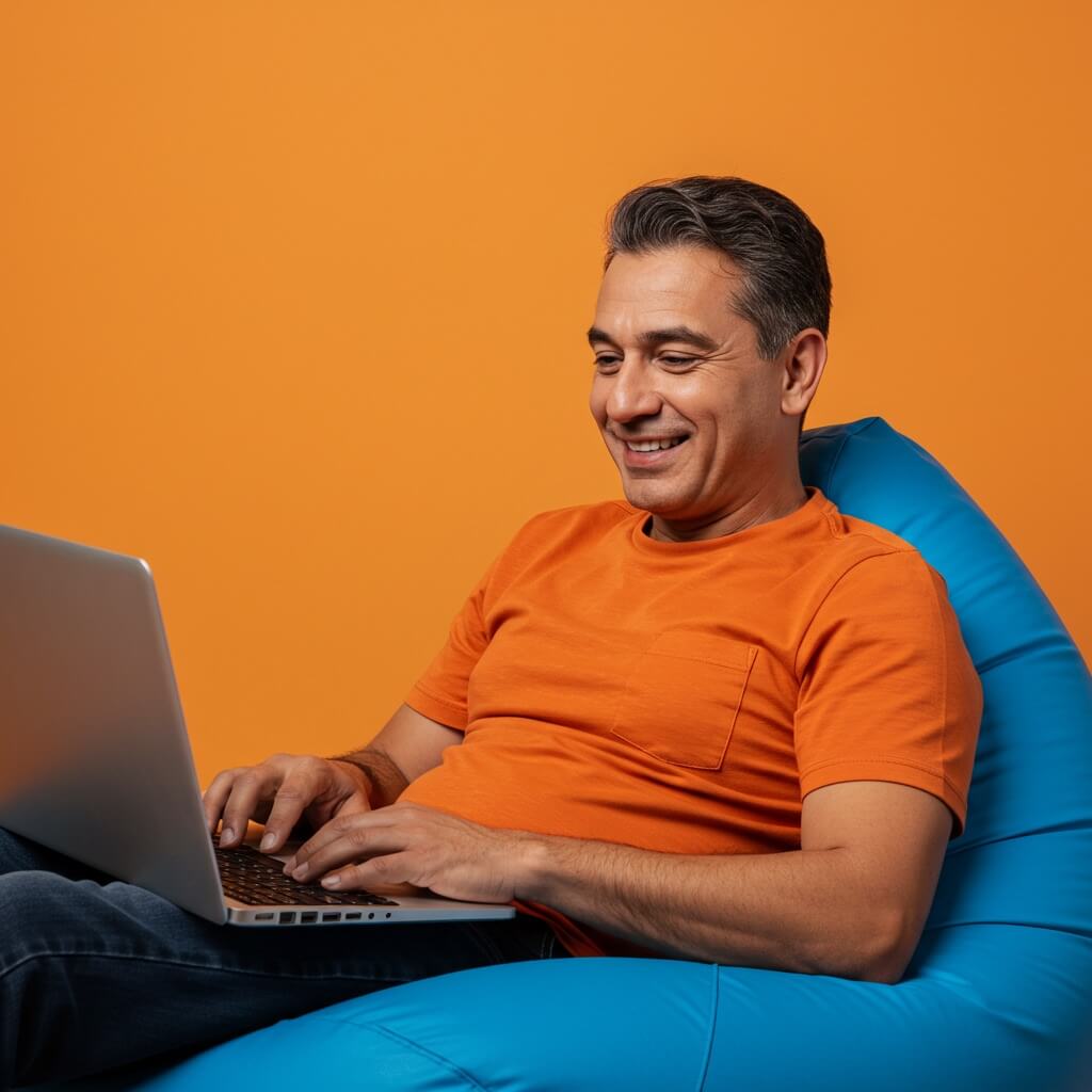 a middle aged man smiling with an orange t-shirt on a blue bean bag in an orange background on his laptop