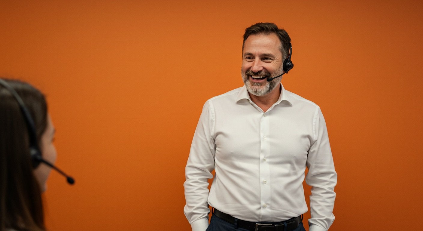 a smiling middle aged men, in front of an organge wall, with a headset talking to a customer
