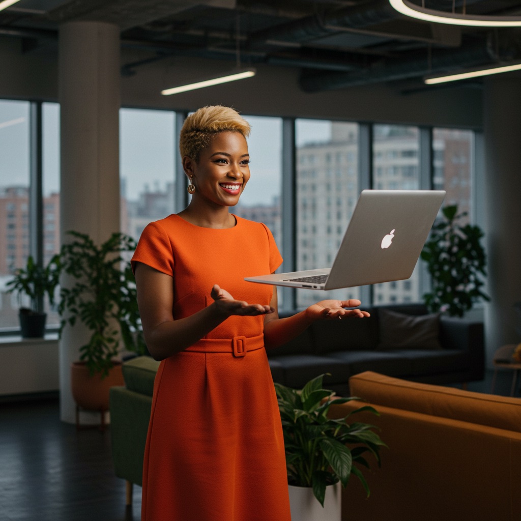a smiling professional woman wearing an organge dress, with a laptop levitating in the air. With plant in the background office